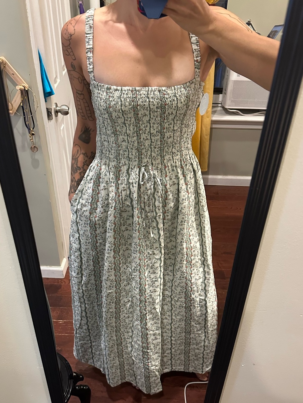Hill House Light Green Floral Smocked Backless Nap Dress